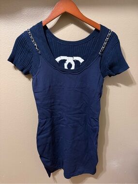 Navy Knit Layered-Look Mini Dress with Chain-Strap Detail (One Piece)
